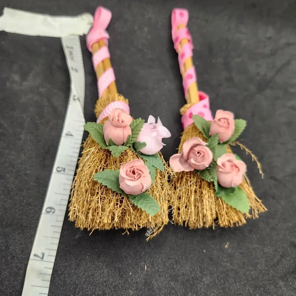 Hand Crafted Set of 2 Decorative Mini Brooms with Pink Roses